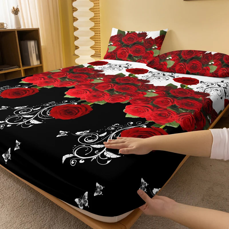 1 piece of delicate red rose patterned frosted bedsheet, bedroom printed bedspread, bedding (excluding pillowcases)