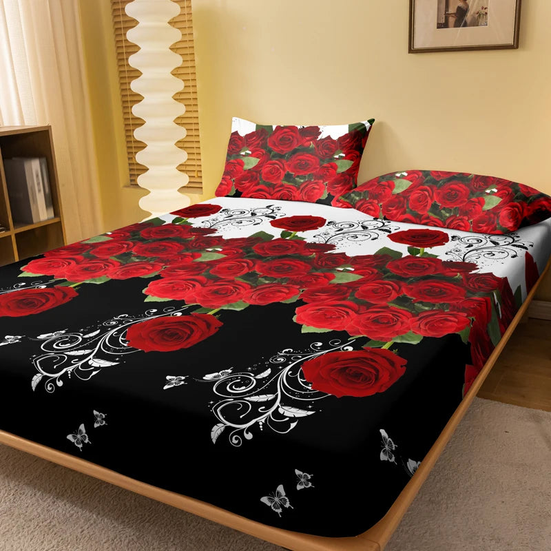 1 piece of delicate red rose patterned frosted bedsheet, bedroom printed bedspread, bedding (excluding pillowcases)