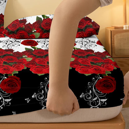 1 piece of delicate red rose patterned frosted bedsheet, bedroom printed bedspread, bedding (excluding pillowcases)