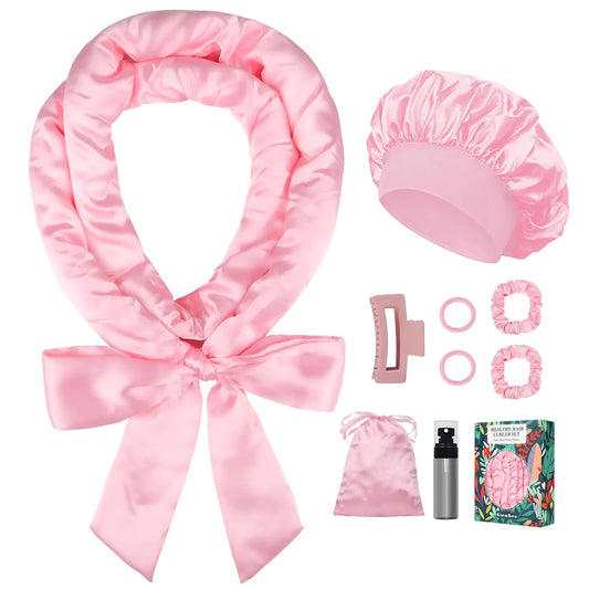 Titanian Satin Heatless Curler Roller Headband 70" Set for Women Long Waves Hair Volume -Pink 9PCS